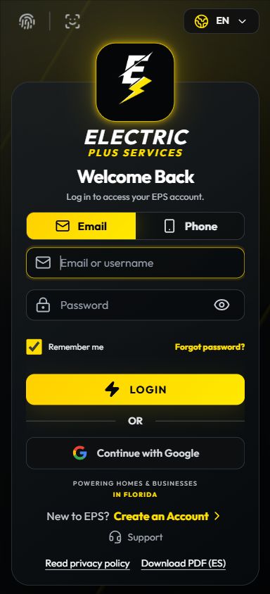 EPlusS app login screen